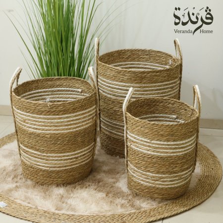 طقم 3 سلال قش مع نقش ابيض